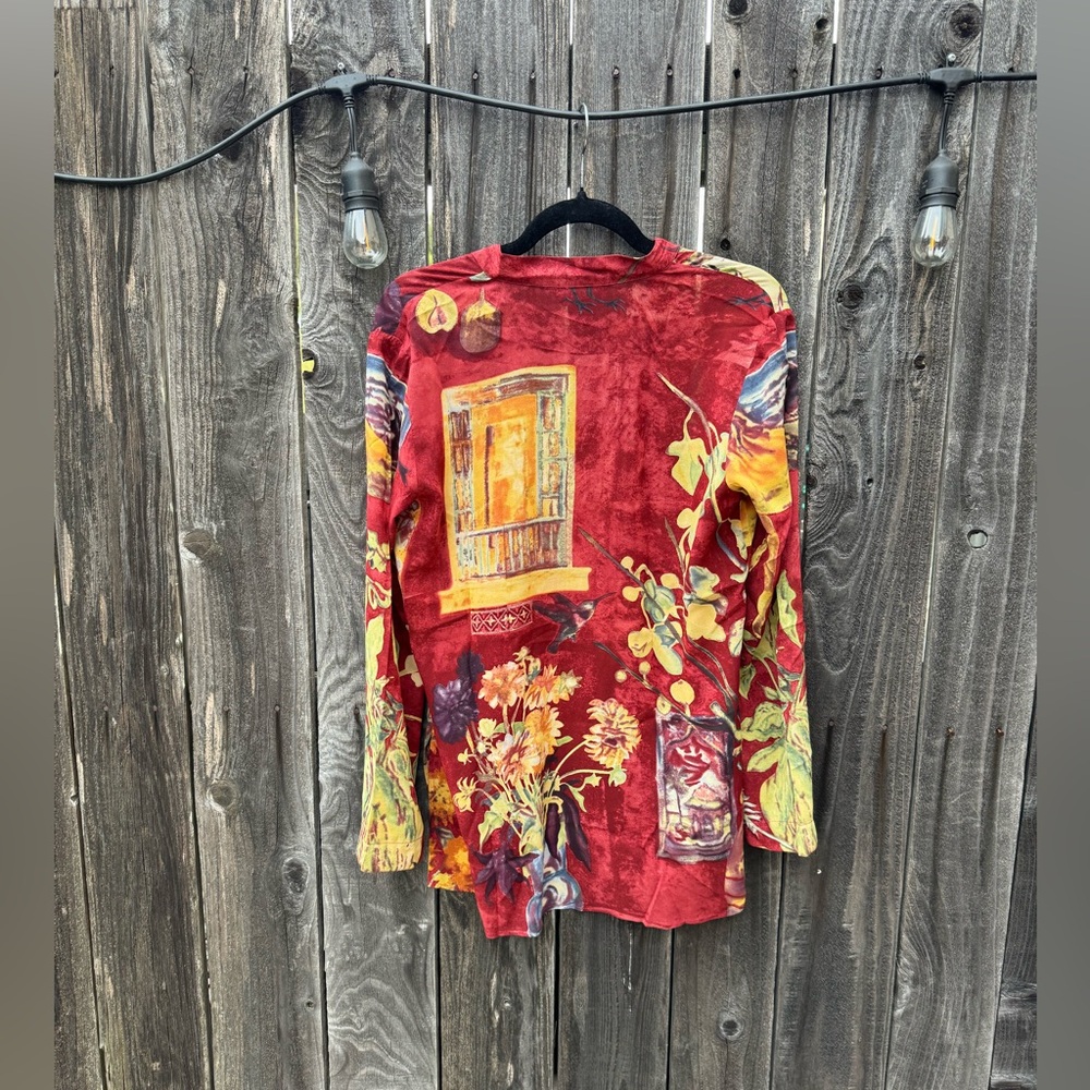 Citron Santa Monica Red Patterned Silk Button Down Long Sleeve Tunic Blouse Smal - Picture 3 of 12